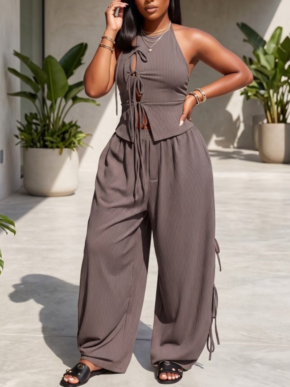 Women's Taupe Ribbed Halter Neck Lace-up Top & Wide Leg Pant Set  ST-88836